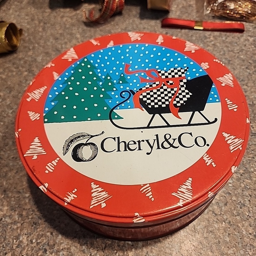 Cheryl‎ & Company Christmas 8" Tin Vtg 80's / 90's Style Sleigh Trees Storage